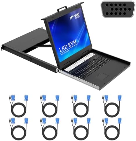 MT-VIKI 1U 19'' LCD KVM CONSOLE, 8 PORT RACK MOUNT MONITOR KVM VGA FOR 19'' RACK, 1280X1024@60HZ, SUPPORT OSD/HOTKEY/PANEL SWITCHING, 8 PACKS KVM CABLE