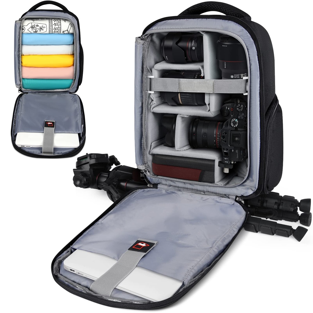VERSATILE, MULTI-COMPARTMENT BACKPACK, FOR DSLR OR MIRRORLESS, 4-5 LENSES, HOLDS CAMERA WITH ATTACHED 24-70MM LENS, SIDE AND FRONT ACCESS CAMERA COMPARTMENT, WEATHER RESISTANT, RAIN COVER