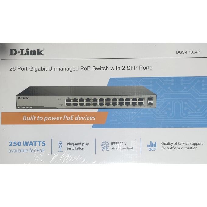 D-LINK DGSF1024P - 24 Port Gigabit Unmanaged POE Switch With 2 SFP Ports 250 Watts