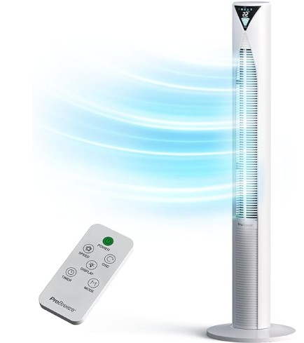 Pro Breeze 20dB Silent Tower Fan with Remote Control, Powerful 45W Energy Fan, 4 Modes, 12H Timer, 46" Large Bladeless Tower Fan, Advanced Sleep Mode, Front Display, 70° Oscillation