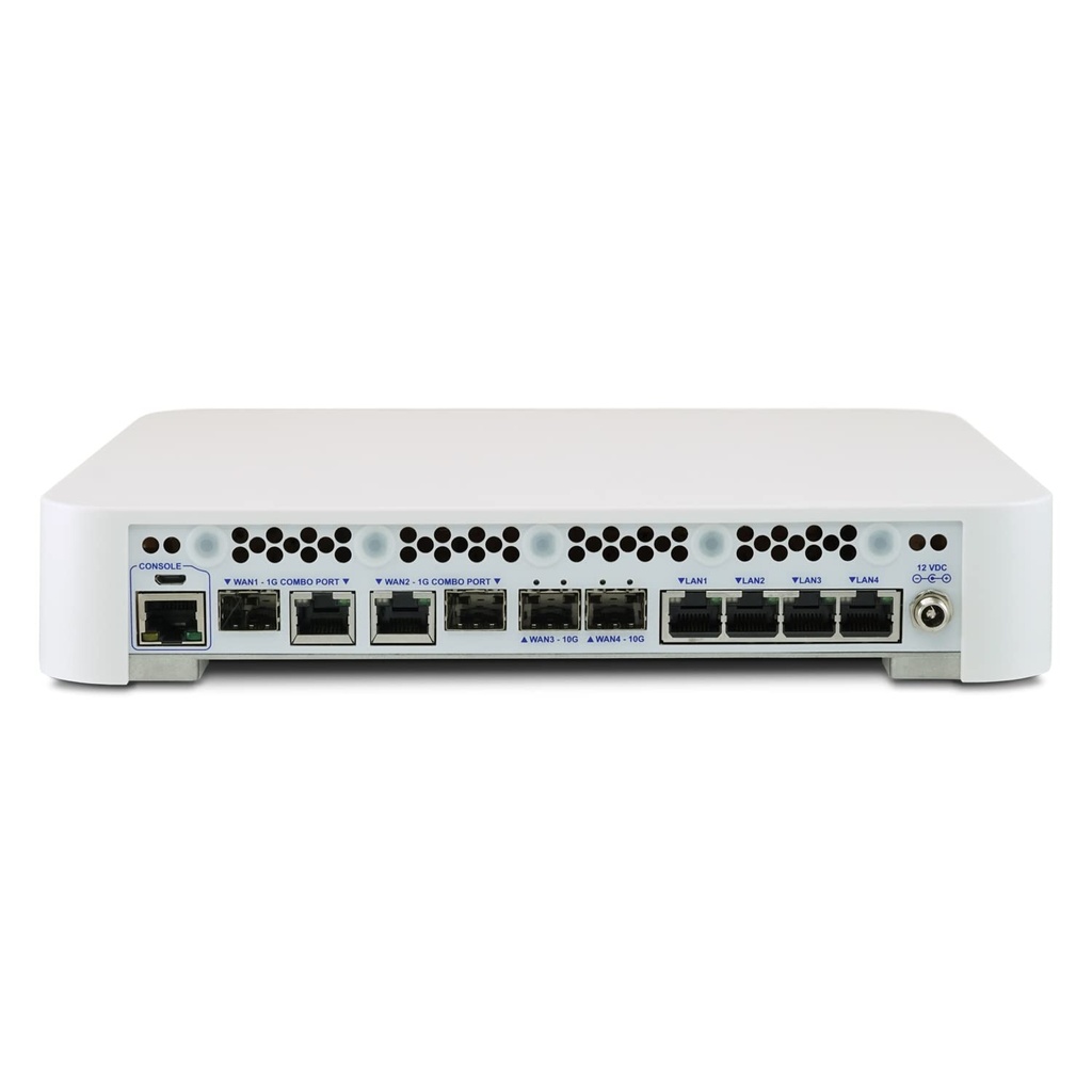 Netgate Router 6100 BASE pfSense+ Security Gateway CPU Intel® Atom® C3558 with QAT, 4-core @ 2.2 GHz (Denverton family), Quad-core Physical Network I/O ports (2) 10 Gbps SFP+ cage (WAN) (2) Auto media detect 1 Gbps (RJ45 copper / SFP fiber) “Combo Port” (WAN) (4) 2.5 Gbps RJ-45 “direct” (unswitched) ethernet (LAN) Storage 16GB eMMC (onboard – soldered) (BASE) Memory 8 GB DDR4 w/o ECC, single channel Physical Expansion Card Slots 2x m.2 (Key-B slot) with dual-SIM (LTE, Wi-Fi, or NVMe) (PCIe, USB 2.0, USB 3.0) 1x Mini-PCIe Slot (Wi-Fi Only)