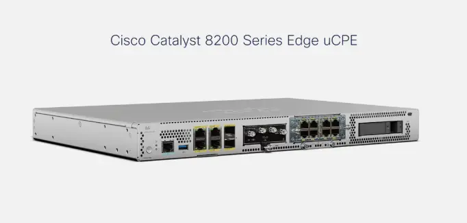 Cisco Catalyst C8200-UCPE-1N8 ( 4 x 1 Gigabit Ethernet Copper,2 x 1 Gigabit Ethernet SFP ports with 1 NIM slot and 1 PIM slot, 6 x 1 Gigabit Ethernet ports, and 8-core CPU, 2.5 in. HDD, M.2 slot